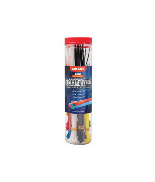 Cable ties in assorted colours and sizes in black, white, red, green, blue, and yellow colour coming in sizes of 10cm, 15cm, and 20cm in pack of 200