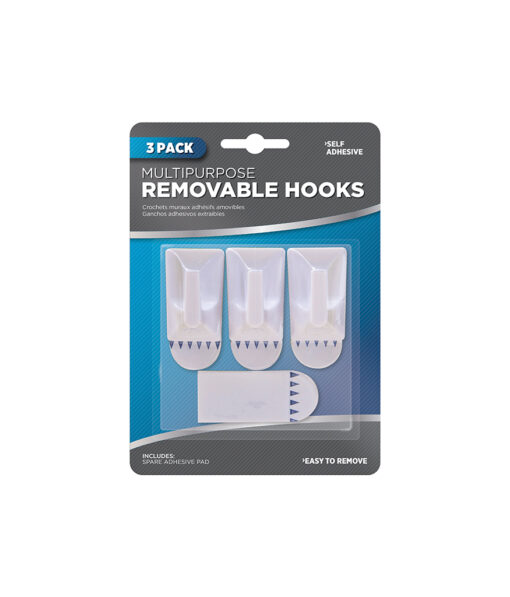 Multi-purpose removable hooks with adhesive pads coming in pack of 3