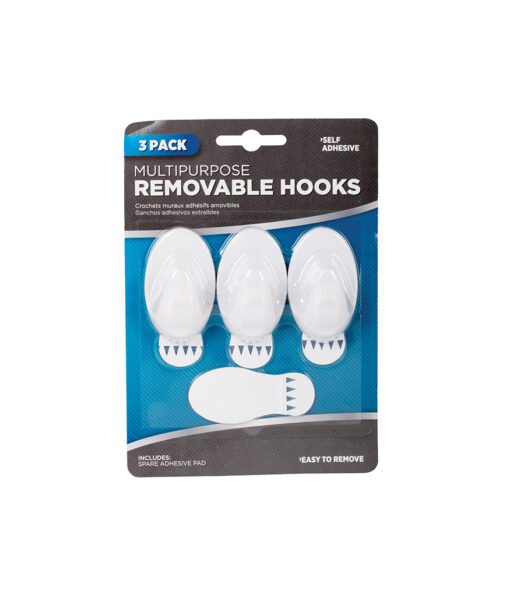 Multi-purpose removable hooks with adhesive pads coming in pack of 3