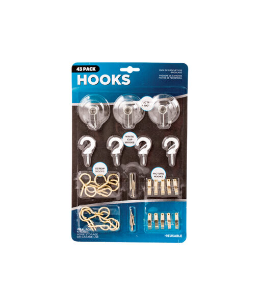 Assortment hook set with suction hooks, white cup hooks, screw hooks and picture hooks coming in pack of 43 pieces