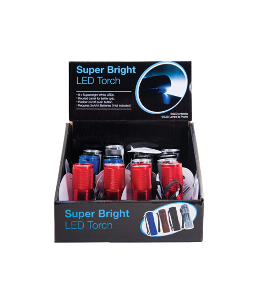 Super bright LED torch with knurled barrel in blue, red, black and silver colours and coming in pack of 16