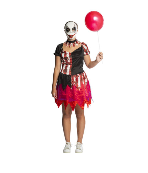 Scary harlequin clown Halloween costume with white scary clown mask, red and black top with fake blood spots, and red tattered skirt with balloon prop