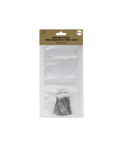 Medium plastic treat bags with twist ties in size 10cm x 23.5cm and coming in pack of 40 pieces