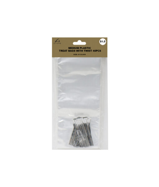 Medium plastic treat bags with twist ties in size 10cm x 23.5cm and coming in pack of 40 pieces