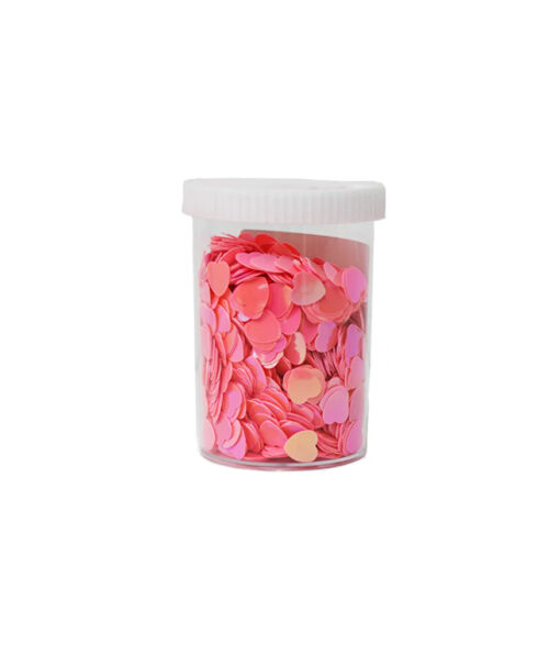 Pink heart shaped sequins coming in container of 80g