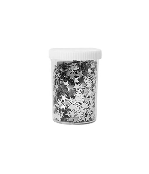 Silver star shaped sequins coming in container of 80g