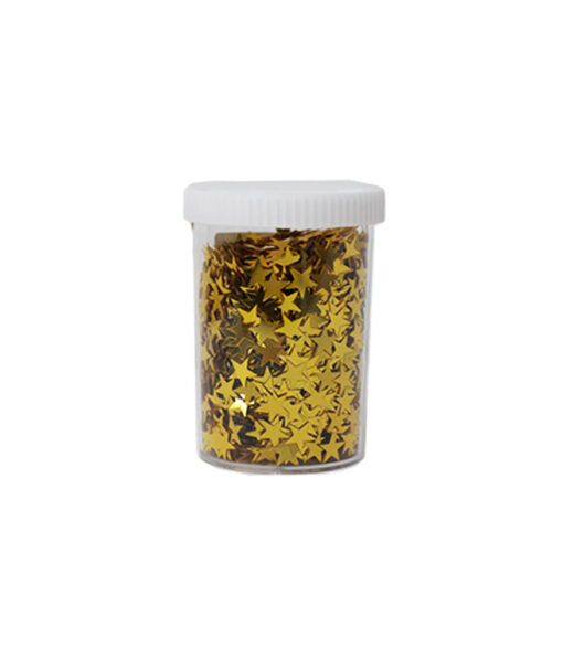 Gold star shaped sequins coming in container of 80g