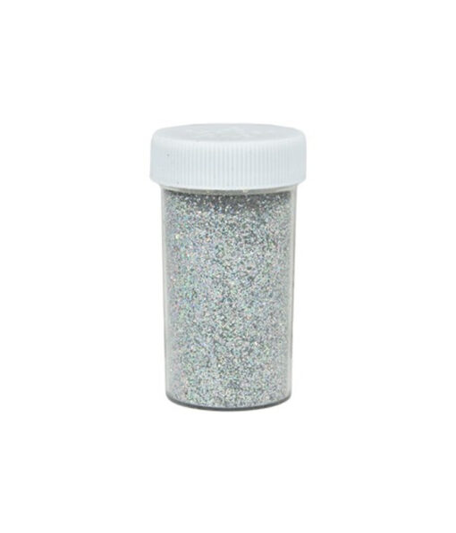 Shimmering silver glitter in jar of 100g