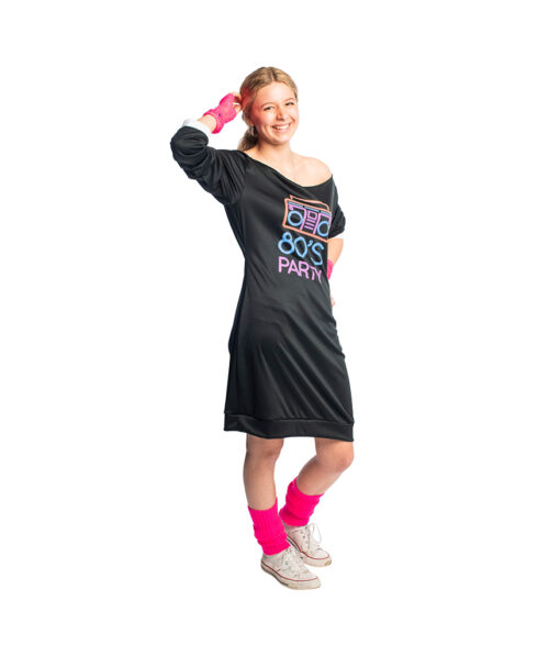 Retro 80's dress & gloves T-shirt dress Halloween costume with black shirt, neon radio design, hot pink hand warmers and hot pink leg warmers.