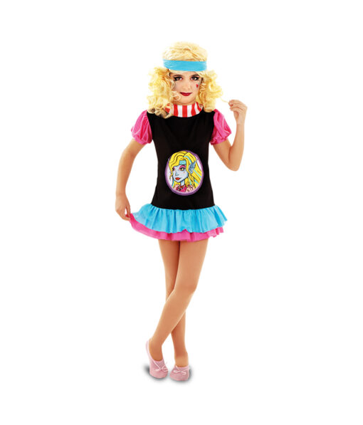 Gothic girl Halloween costume with curly blonde wig, black shirt with pink sleeves and red and white striped collar, layered skirt in light blue and hot pink colour