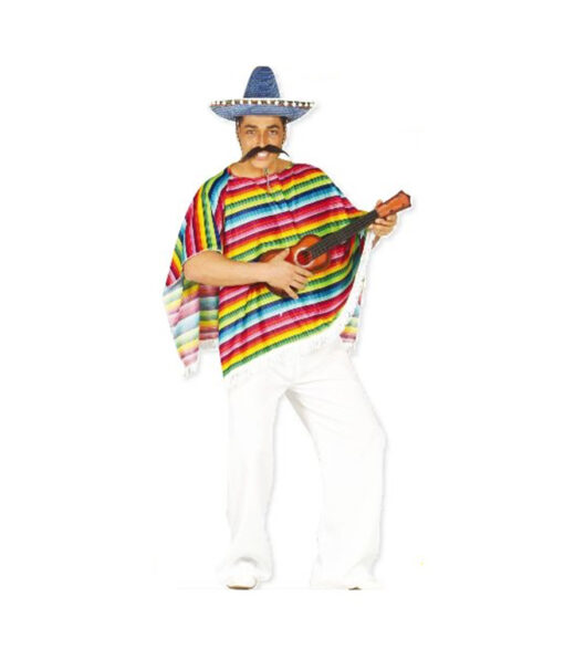 Mexican fiesta Halloween costume with blue sombrero, fake moustache, rainbow poncho and small guitar prop