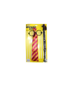 Wizard dress up kit including wand, round glasses, and red and gold striped tie