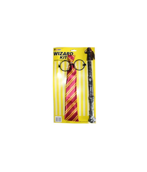 Wizard dress up kit including wand, round glasses, and red and gold striped tie