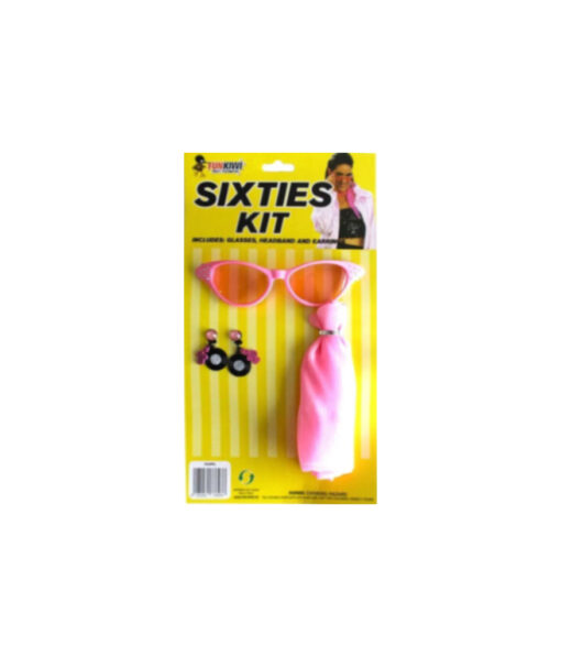 60's dress up kit including pink glasses ,earrings, and headband