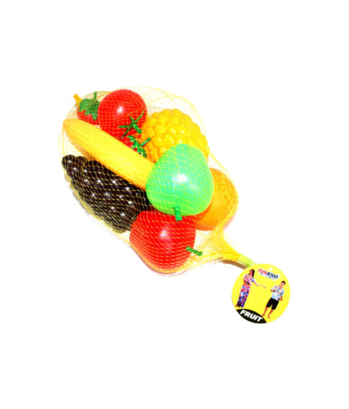 Fake fruit prop in yellow mesh bag including green apple, capsicum, grapes and pineapple for Halloween costume