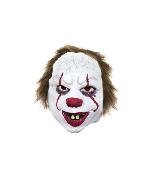 Scary clown latex mask with short brown hair, and red crazy clown makeup