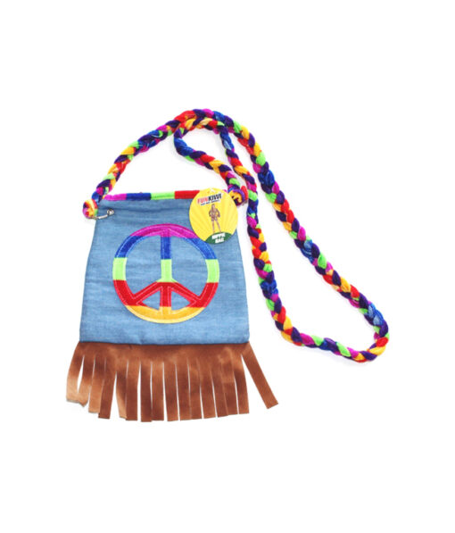 Hippie bag in light blue colour with rainbow peace sign and rainbow strap with brown tassels coming from bottom of bag