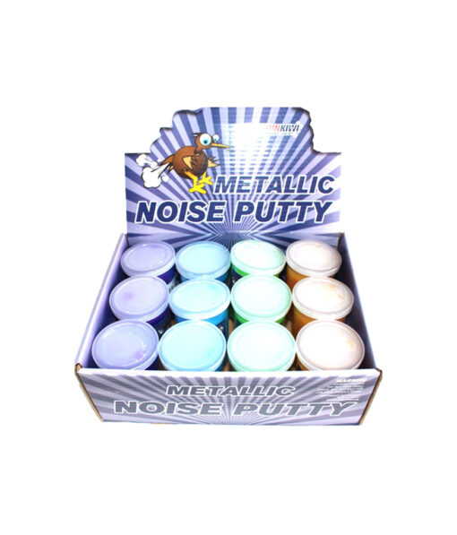 Noise putty in metallic colours of purple, blue, hreen, and orange coming in box of 12 containers