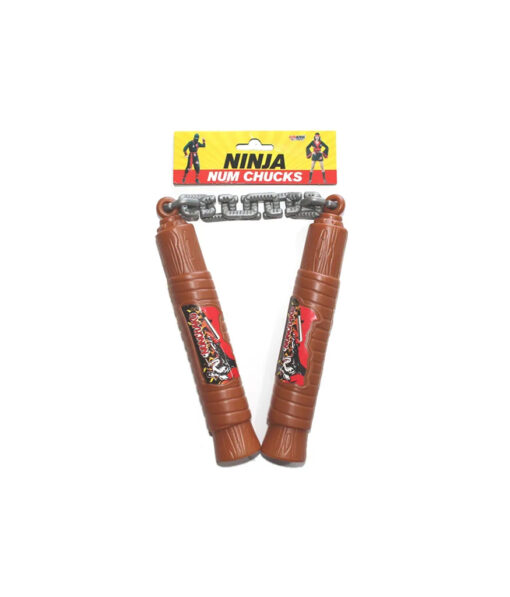 Toy ninja nunchuck props with brown plastic handles and silver plastic chain