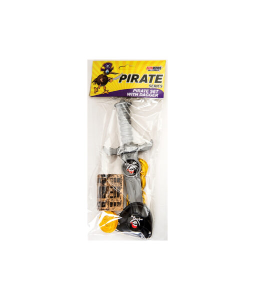 Pirate dress up kit set with dagger, pirate doubloons and eyepatch with skull and cutlass design for Halloween costume and prop