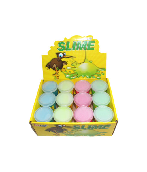 Slime in assorted colours of blue, yellow, red, and green coming in box of 12 containers