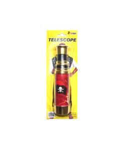 Pirate telescope in red, gold and black colour with black pirate flag with skull and crossbones design for Halloween costume and prop