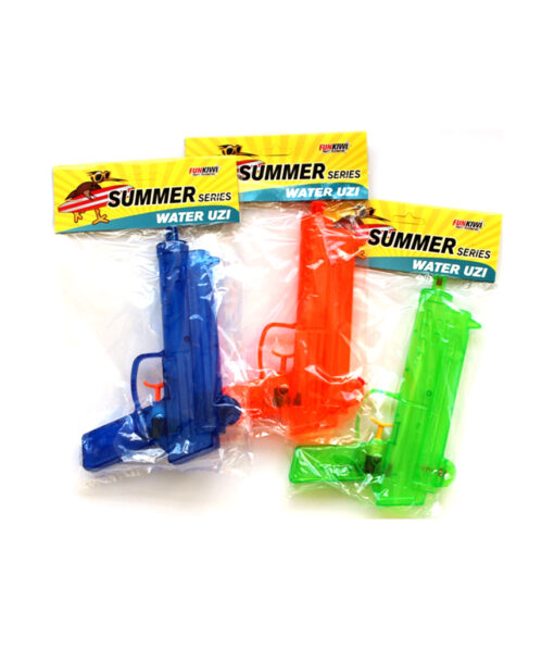 Water uzi gun in clear plastic in assorted colours of blue, orange, and green