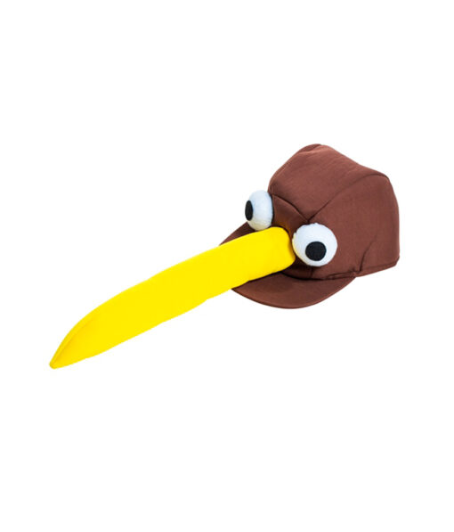 Novelty kiwi hat in brown colour with large yellow beak