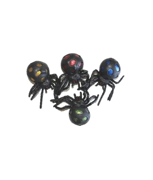 Squishy spiders in gold, red, blue, and green