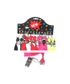 Whistle necklaces in black, red, hot pink, and yellow colour