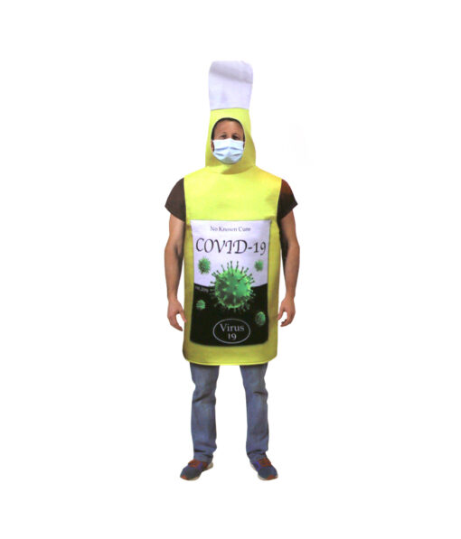 Novelty Corona costume with "COVID-19 design" and beer bottle outfit in yellow-brown colour with white top