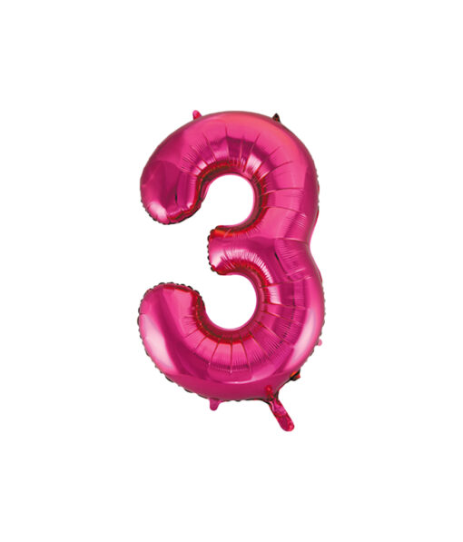 Hot pink foil balloon in number "3" design