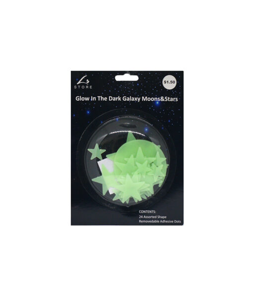 Glow in the dark galaxy, moons, and stars decorations coming in set of 12 pieces