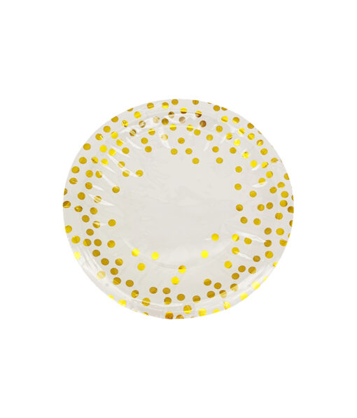 White paper plates with gold dots in size of 7inch coming in pack of 12 pieces