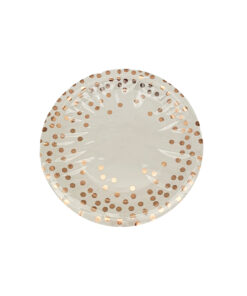 White paper plates with rose gold dots in size of 7inch coming in pack of 12 pieces