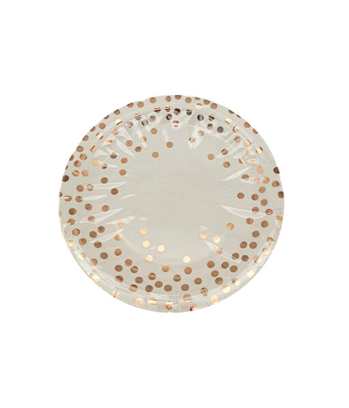 White paper plates with rose gold dots in size of 7inch coming in pack of 12 pieces
