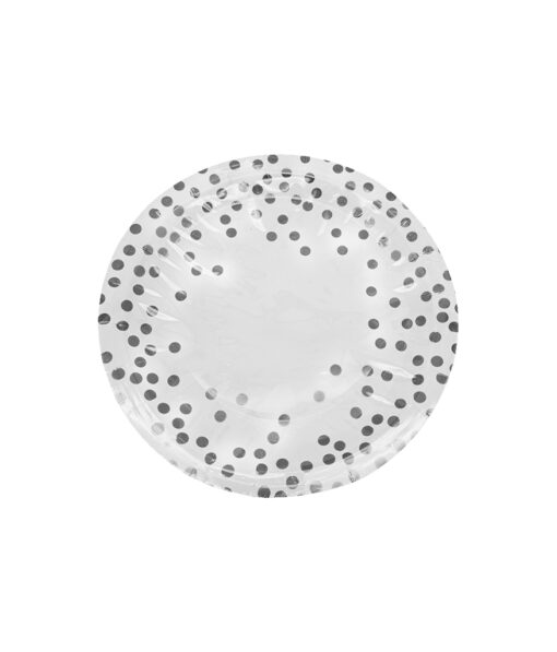 White paper plates with silver dots in size of 7inch coming in pack of 12 pieces