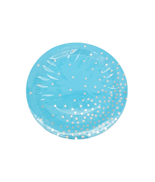 Light blue paper plates with silver dots in size of 7inch coming in pack of 12 pieces