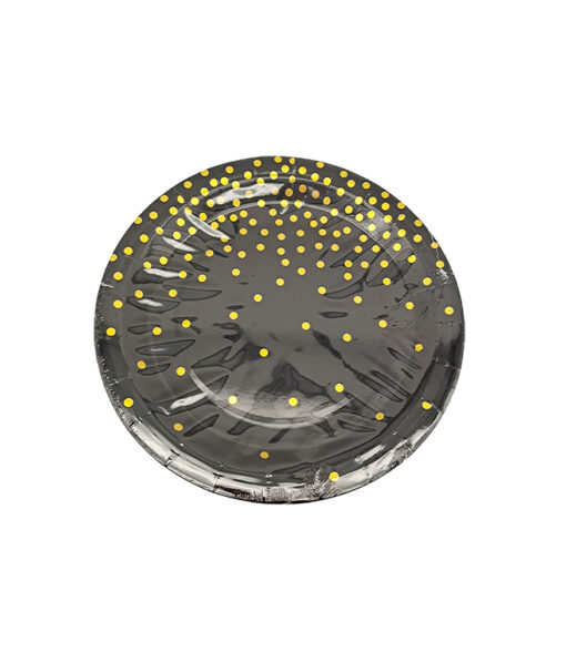 Black paper plates with gold dots in size of 7inch coming in pack of 12 pieces