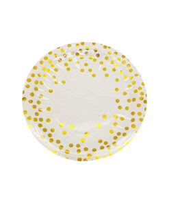 White paper plate with gold dots in size of 9inch coming in pack of 12 pieces