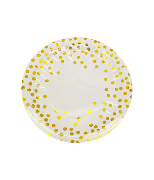 White paper plate with gold dots in size of 9inch coming in pack of 12 pieces