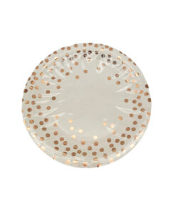 White paper plate with rose gold dots in size of 9inch coming in pack of 12 pieces