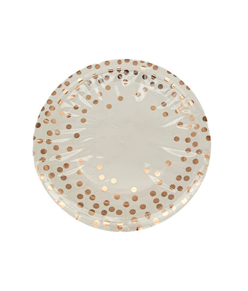 White paper plate with rose gold dots in size of 9inch coming in pack of 12 pieces