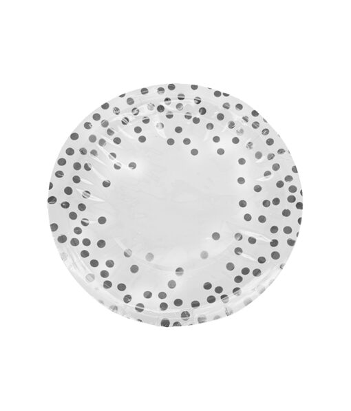 White paper plate with silver dots in size of 9inch coming in pack of 12 pieces