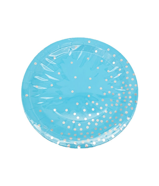 Light blue paper plate with silver dots in size of 9inch coming in pack of 12 pieces