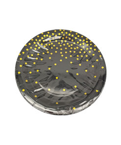 Black paper plate with gold dots in size of 9inch coming in pack of 12 pieces