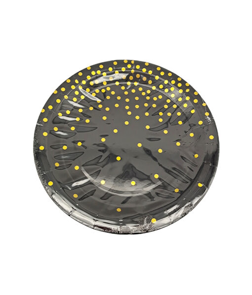 Black paper plate with gold dots in size of 9inch coming in pack of 12 pieces