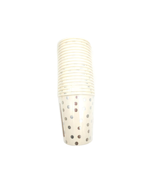 Disposable paper cups in white colour with silver dots coming in pack of 20 pieces