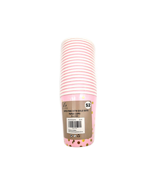 Disposable paper cups in pink colour with gold dots coming in pack of 20 pieces