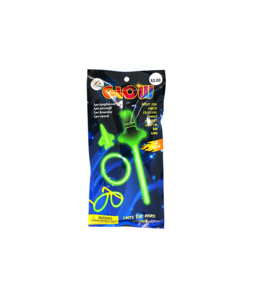 Glow in the dark party set in green colour including 1 aircraft wand, 1 eyeglasses, 1 sword, and 1 bracelet coming in pack of 4